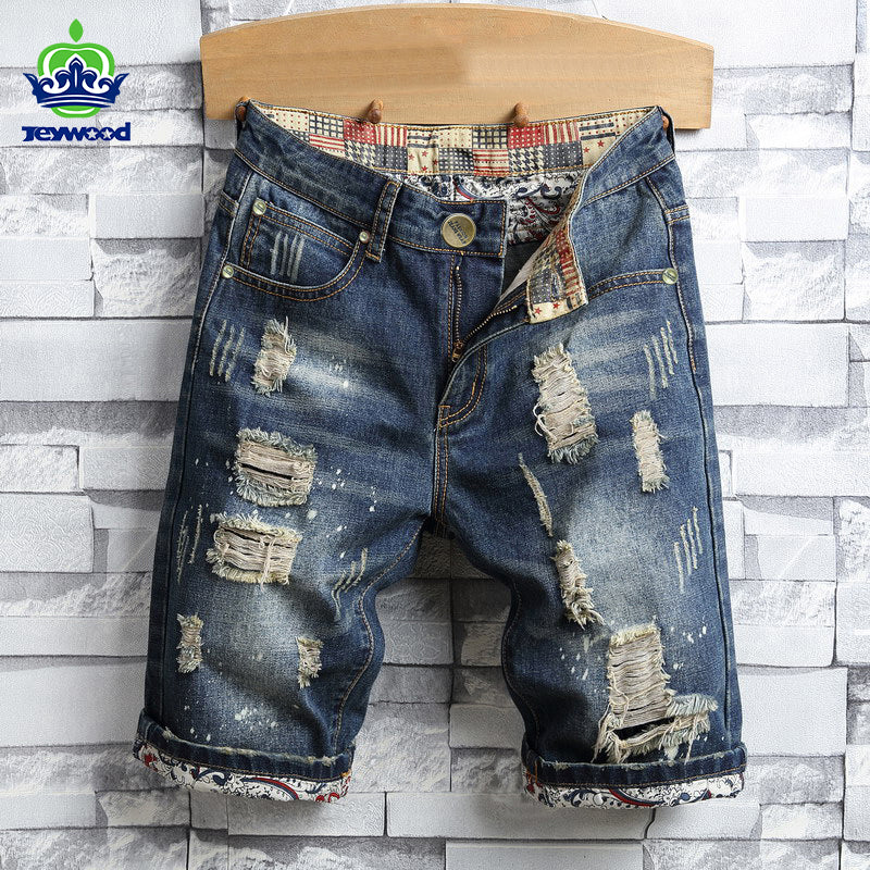 2022 Summer Men's Hole Denim Shorts men Fashion Casual Straight Fit Ripped Retro Biker Style Short Jeans Male Brand Clothing 40