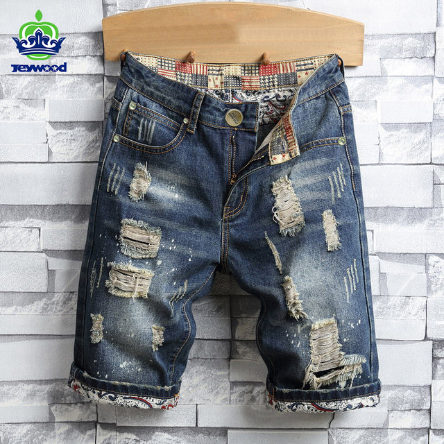 2022 Summer Men's Hole Denim Shorts men Fashion Casual Straight Fit Ripped Retro Biker Style Short Jeans Male Brand Clothing 40