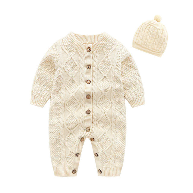3-24M Newborn Autumn Knitted Romper Baby Boys Pure Cotton Long Sleeve Sweaters Girls 2PCS Casual Romper with Hat