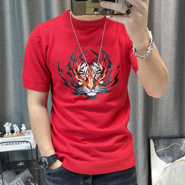 3 Color Short Sleeve Knitting T-Shirt Men Slim Streetwear Color Contrast T Shirt Men Tee Shirt Homme Social Club Outfits Tshirt