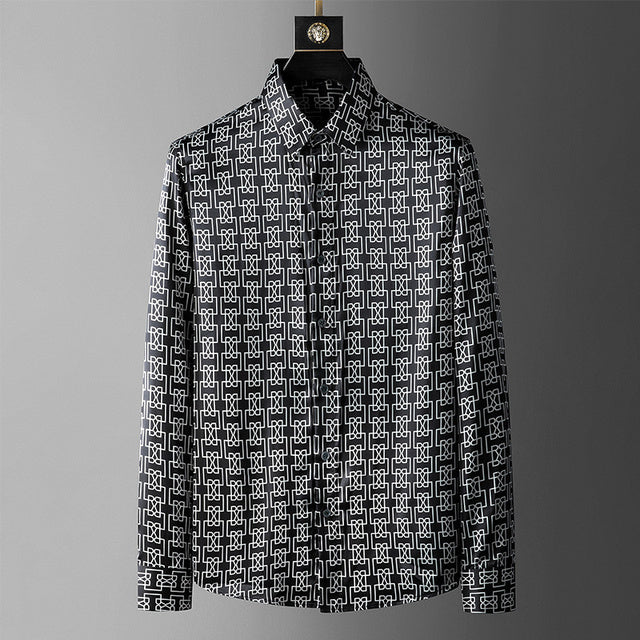 Casual Geometric Lines Fall Print Shirt Men Street Fashion Long Sleeve Shirts For Men Autumn Korean Office Social Party Shirt