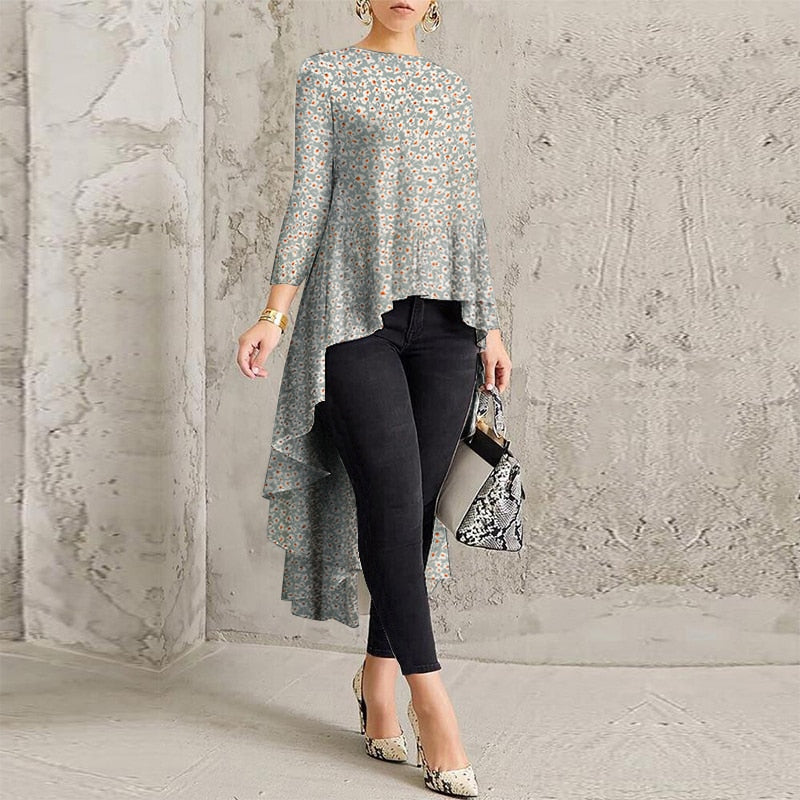 Women Casual Long Sleeve Blusa Irregular Blouse 2022 ZANZEA Elegant Geometric Printed Tops Female O Neck Tunic Chemise