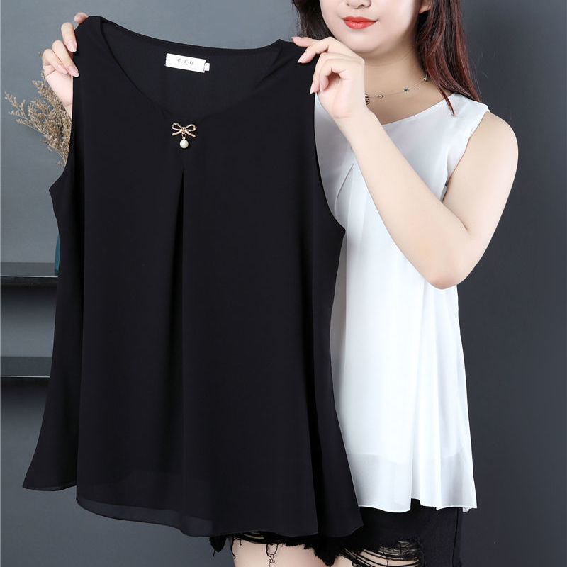 Obesity Women Chiffon Shirt 2022 New Summer Sleeveless O-neck Blouse Casual Solid White/Red Loose Oversized Female Tops
