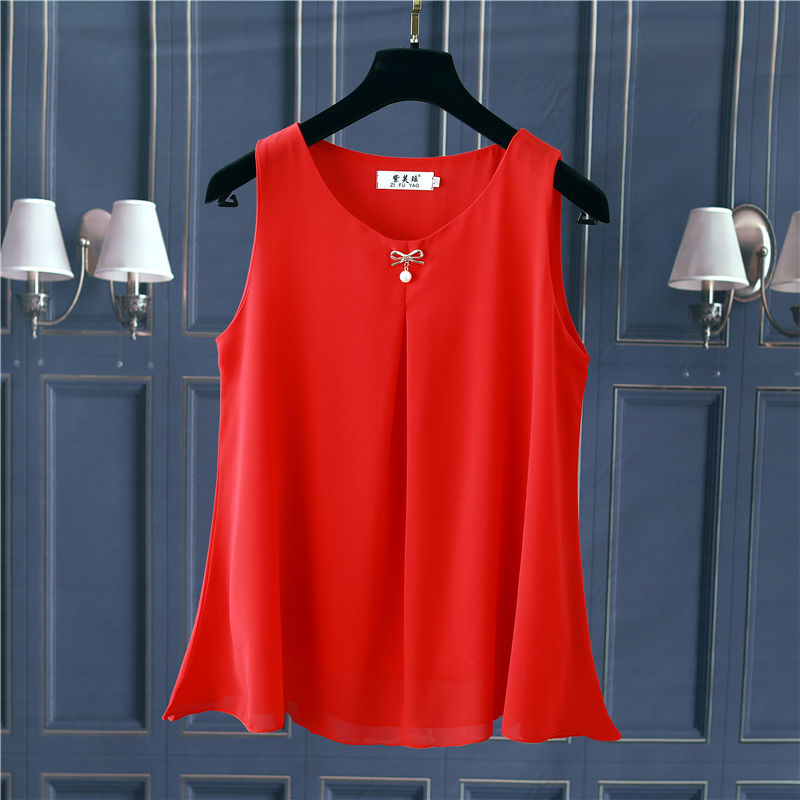Obesity Women Chiffon Shirt 2022 New Summer Sleeveless O-neck Blouse Casual Solid White/Red Loose Oversized Female Tops