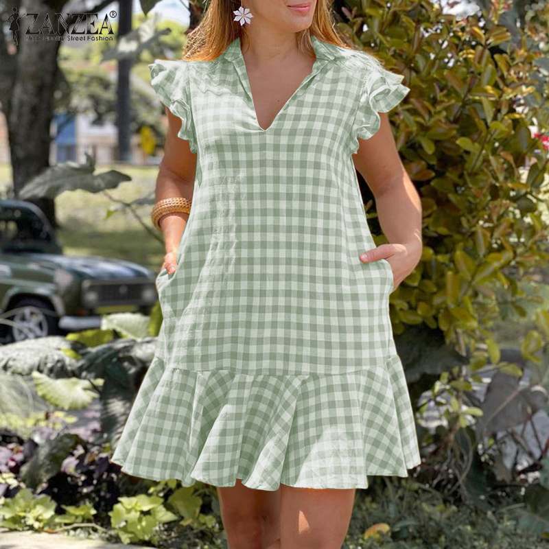 Women Fashion Mini Sundress ZANZEA Elegant V Neck Casual Plaid Print Short Dresses 2022 Summer Sleeveless Ruffle Dress
