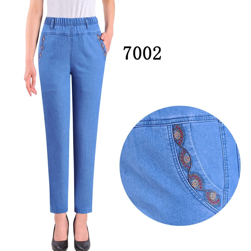 Mom Jeans Denim Trousers Womens Jeans Baggy High Waist Casual Embroidery