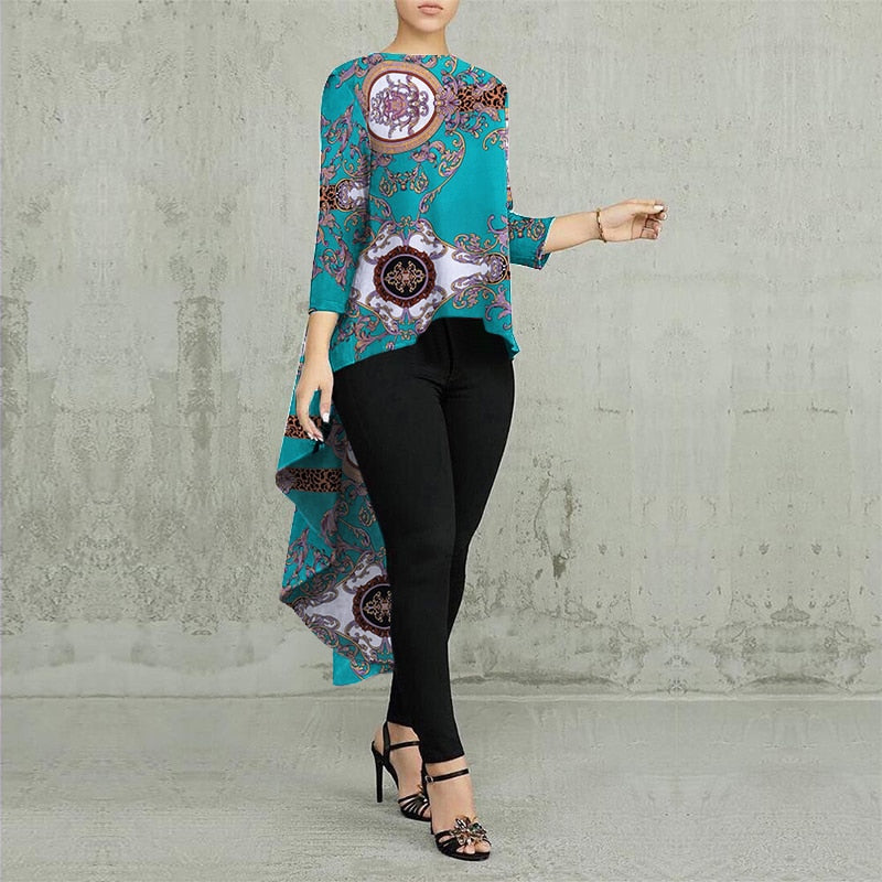 Women Casual Long Sleeve Blusa Irregular Blouse 2022 ZANZEA Elegant Geometric Printed Tops Female O Neck Tunic Chemise