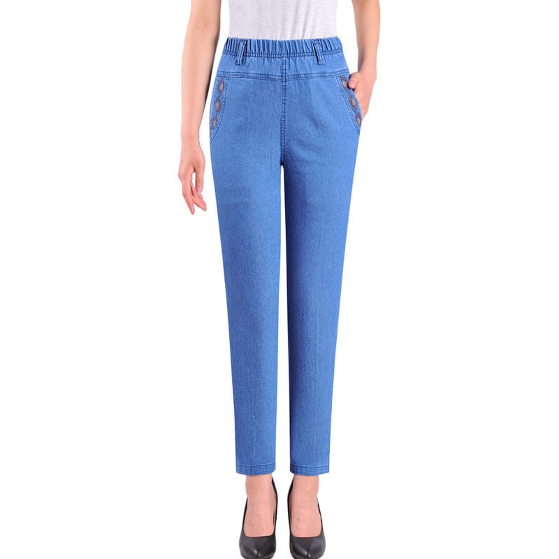 Mom Jeans Denim Trousers Womens Jeans Baggy High Waist Casual Embroidery