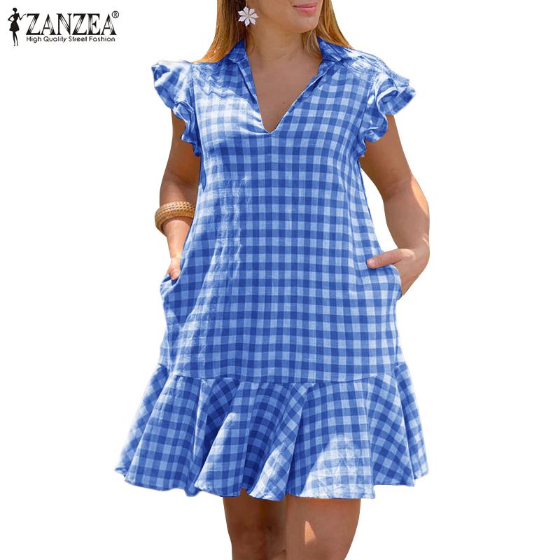 Women Fashion Mini Sundress ZANZEA Elegant V Neck Casual Plaid Print Short Dresses 2022 Summer Sleeveless Ruffle Dress