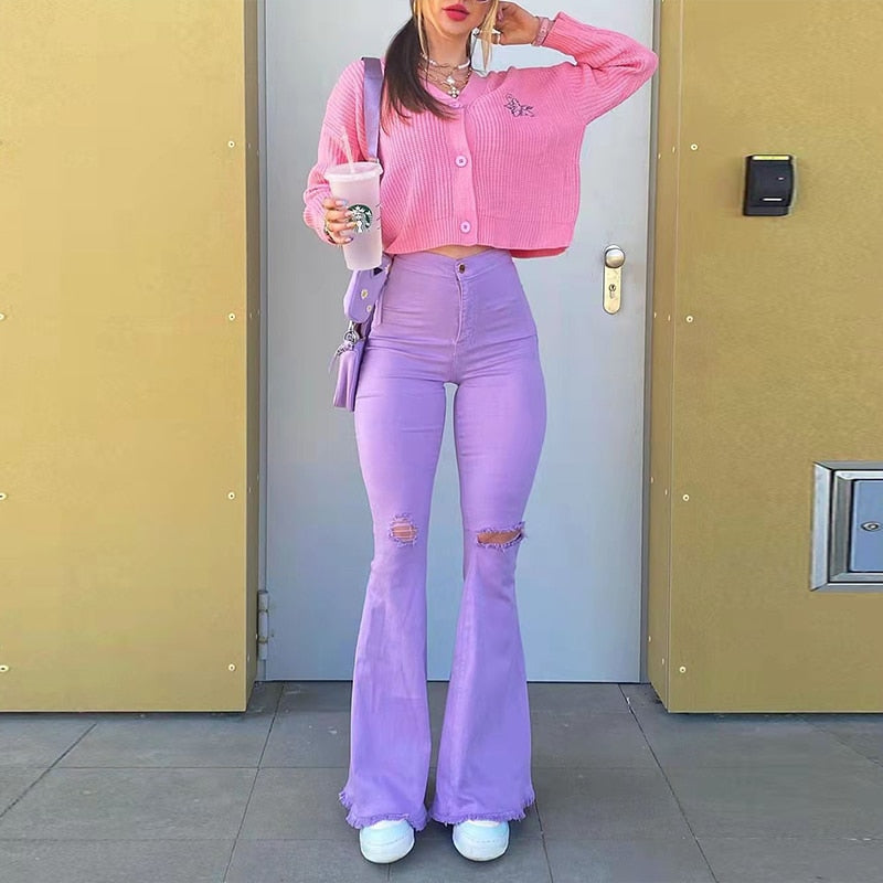 Streetwear Flared Jeans - High Waist Fashion Purple Stretch