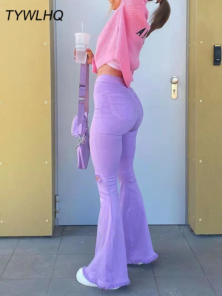 Streetwear Flared Jeans - High Waist Fashion Purple Stretch
