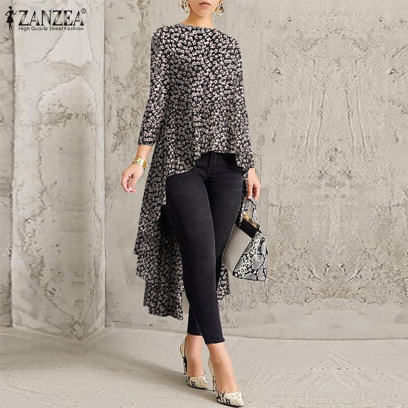 Women Casual Long Sleeve Blusa Irregular Blouse 2022 ZANZEA Elegant Geometric Printed Tops Female O Neck Tunic Chemise