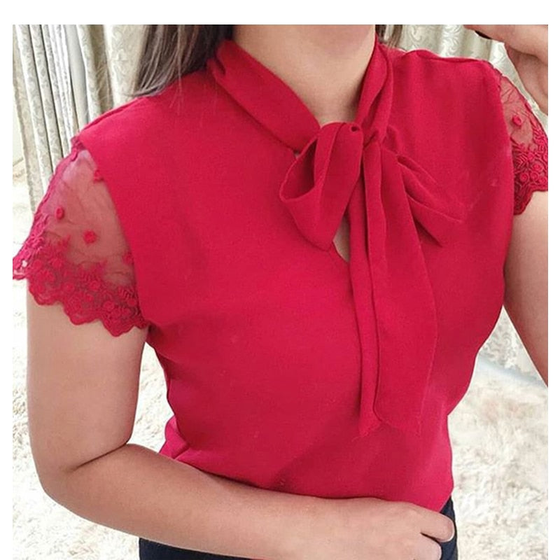 S-5XL New 2022 Lace Up Bow Tie Shirt Summer Lace Short Sleeve Solid Chiffon Casual Blouse Elegant Office Lady Blusas Woman Tops