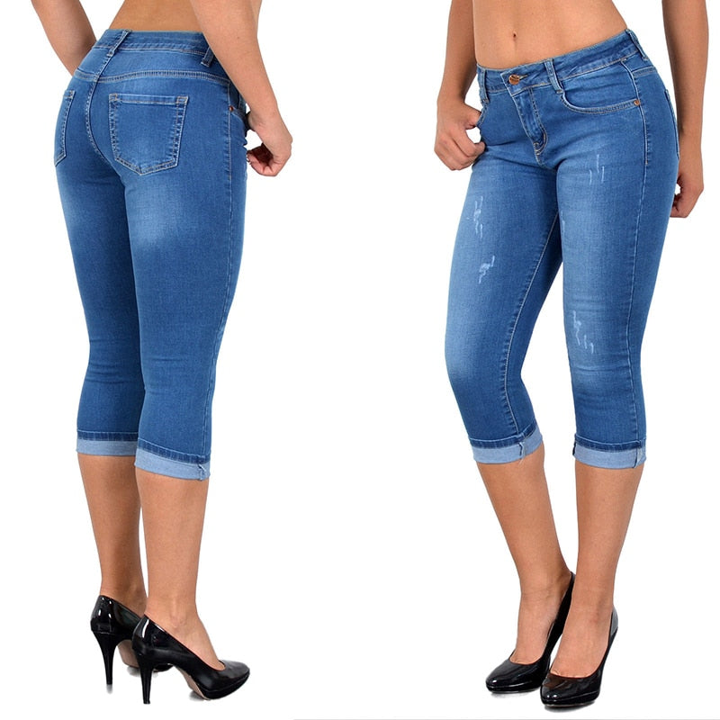 Capri Ripped High Waist Skinny Jeans Knee Length