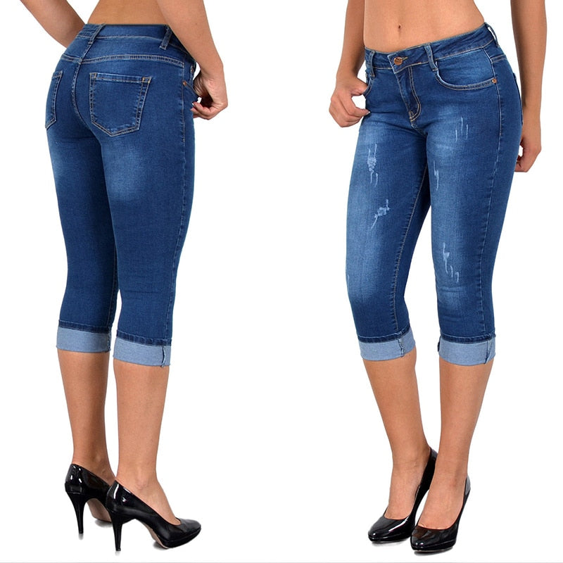 Capri Ripped High Waist Skinny Jeans Knee Length