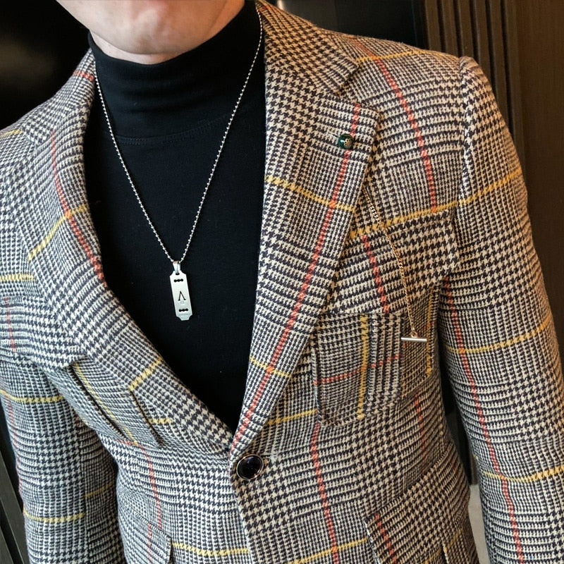 Vintage Plaid Blazer British Stylish Male Blazer Suit Jacket Business Casual Blazer Jacket Terno Masculino Mens Blazer Pattern