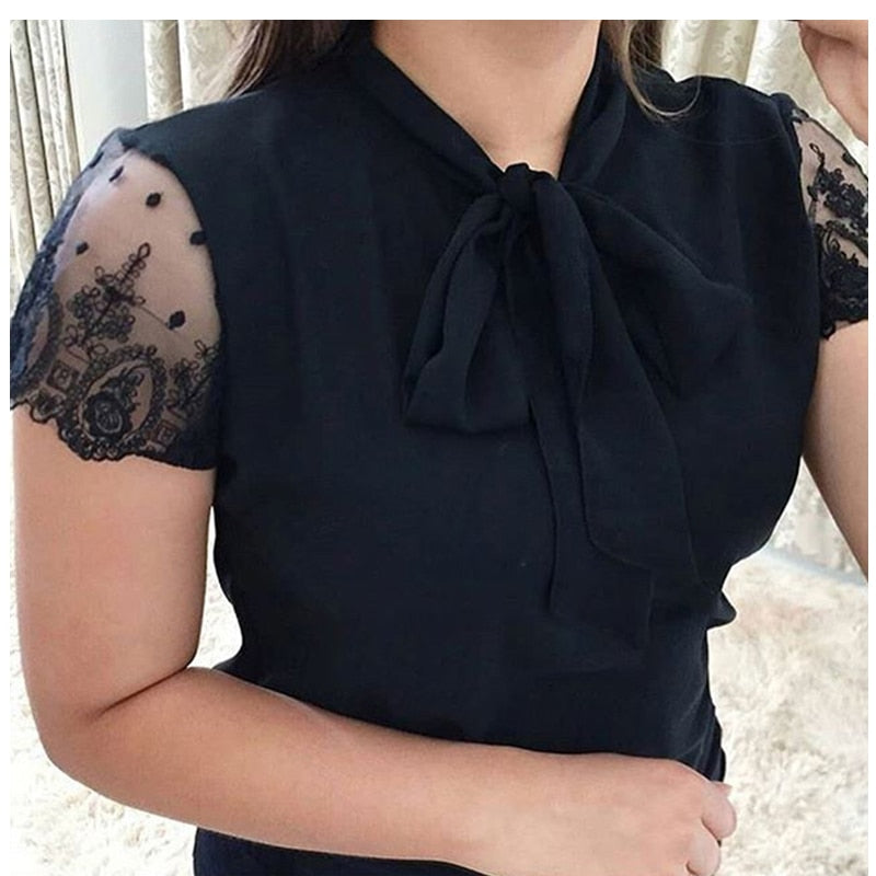 S-5XL New 2022 Lace Up Bow Tie Shirt Summer Lace Short Sleeve Solid Chiffon Casual Blouse Elegant Office Lady Blusas Woman Tops