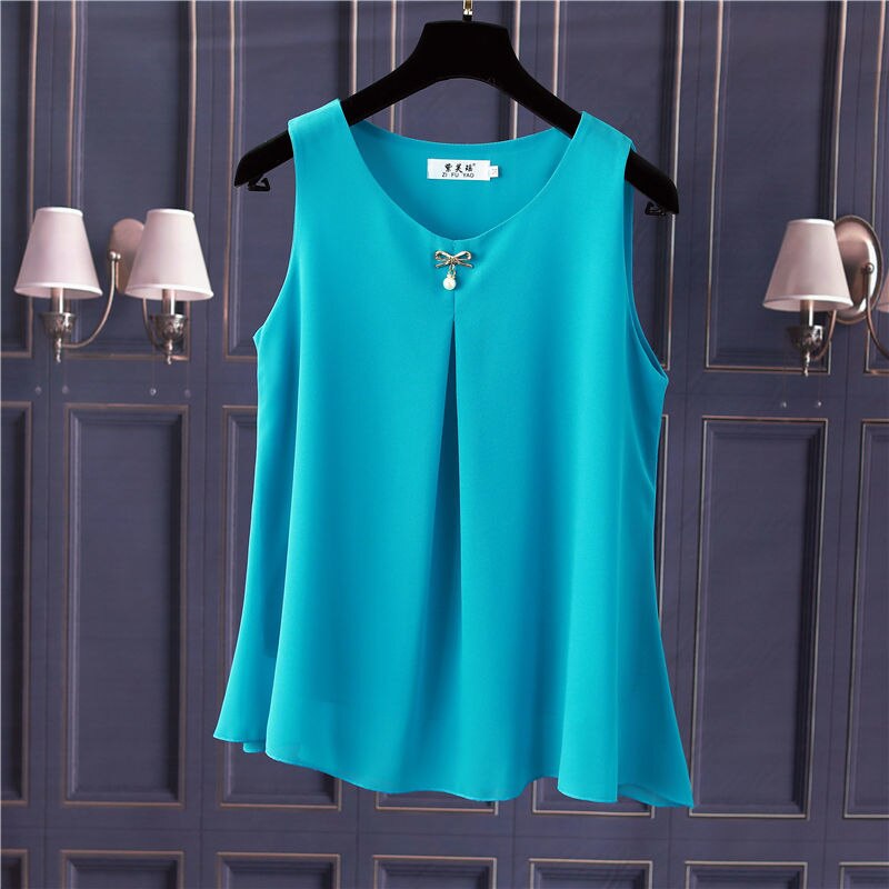 Obesity Women Chiffon Shirt 2022 New Summer Sleeveless O-neck Blouse Casual Solid White/Red Loose Oversized Female Tops