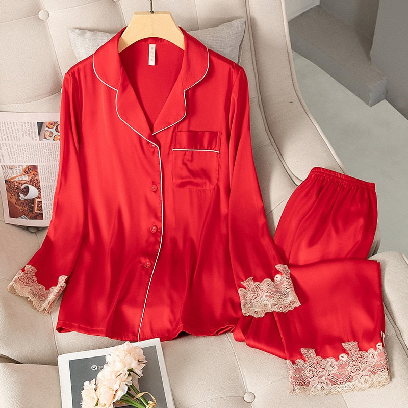 Satin Pajamas Set - Silk Women Sleepwear Shirt&