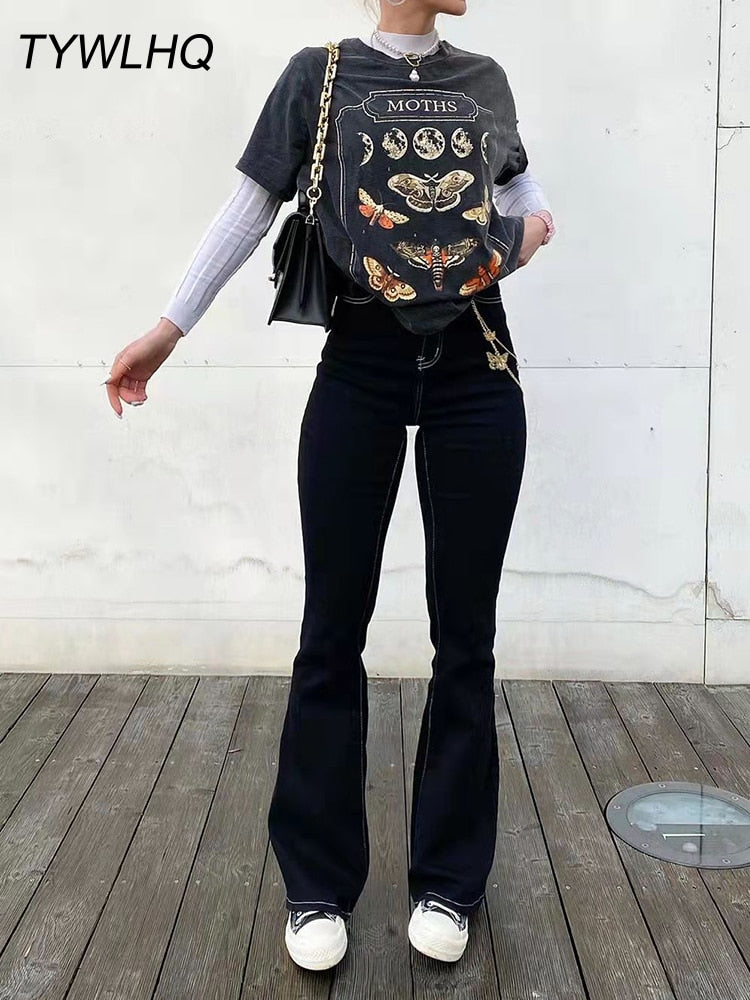 High Waisted stretchy Flared Jeans Women Vintage