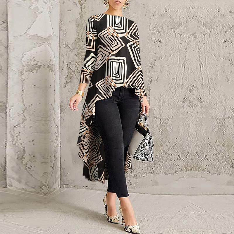 Women Casual Long Sleeve Blusa Irregular Blouse 2022 ZANZEA Elegant Geometric Printed Tops Female O Neck Tunic Chemise
