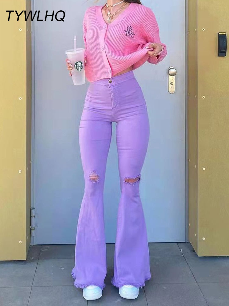 Streetwear Flared Jeans - High Waist Fashion Purple Stretch
