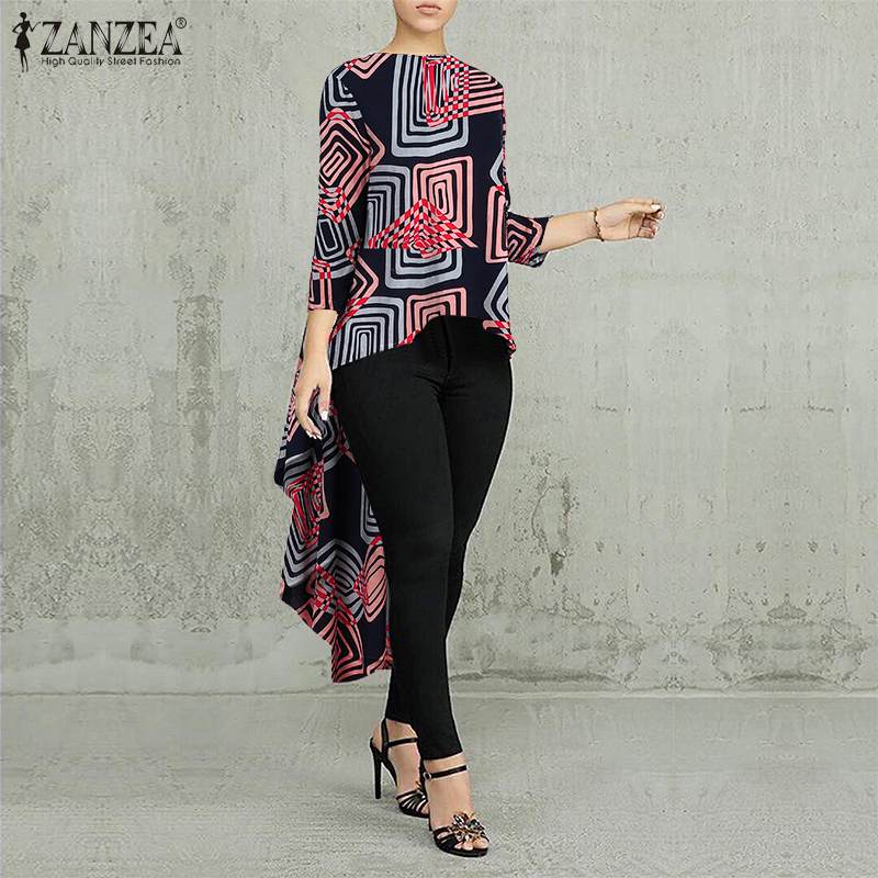 Women Casual Long Sleeve Blusa Irregular Blouse 2022 ZANZEA Elegant Geometric Printed Tops Female O Neck Tunic Chemise