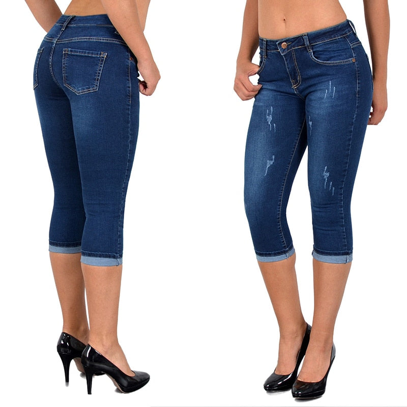 Capri Ripped High Waist Skinny Jeans Knee Length