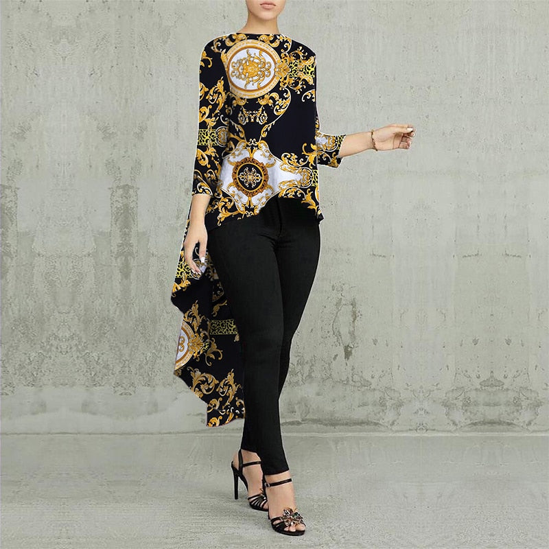Women Casual Long Sleeve Blusa Irregular Blouse 2022 ZANZEA Elegant Geometric Printed Tops Female O Neck Tunic Chemise