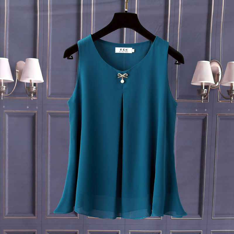 Obesity Women Chiffon Shirt 2022 New Summer Sleeveless O-neck Blouse Casual Solid White/Red Loose Oversized Female Tops