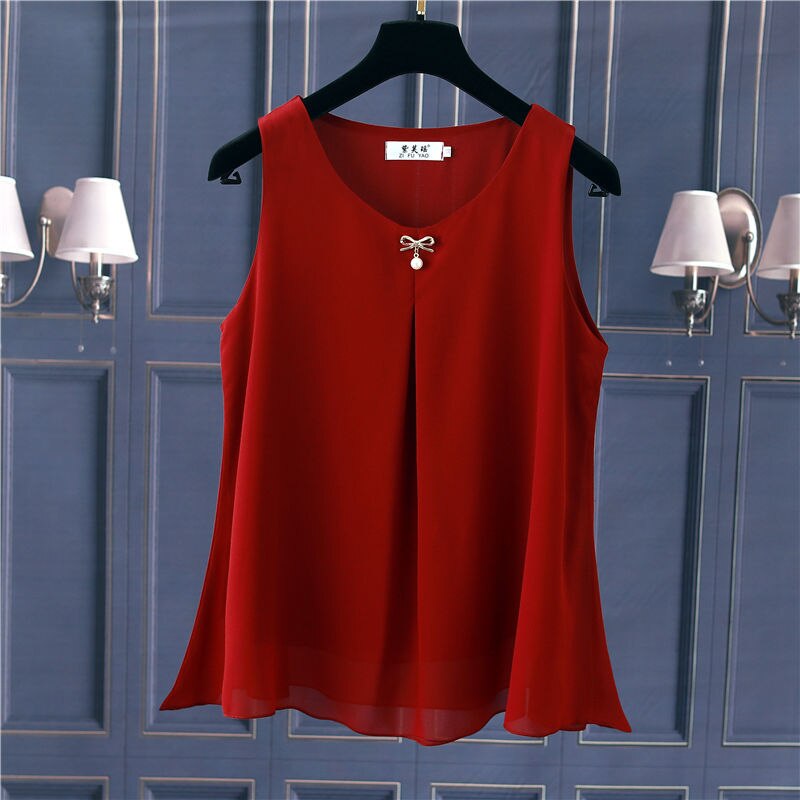 Obesity Women Chiffon Shirt 2022 New Summer Sleeveless O-neck Blouse Casual Solid White/Red Loose Oversized Female Tops