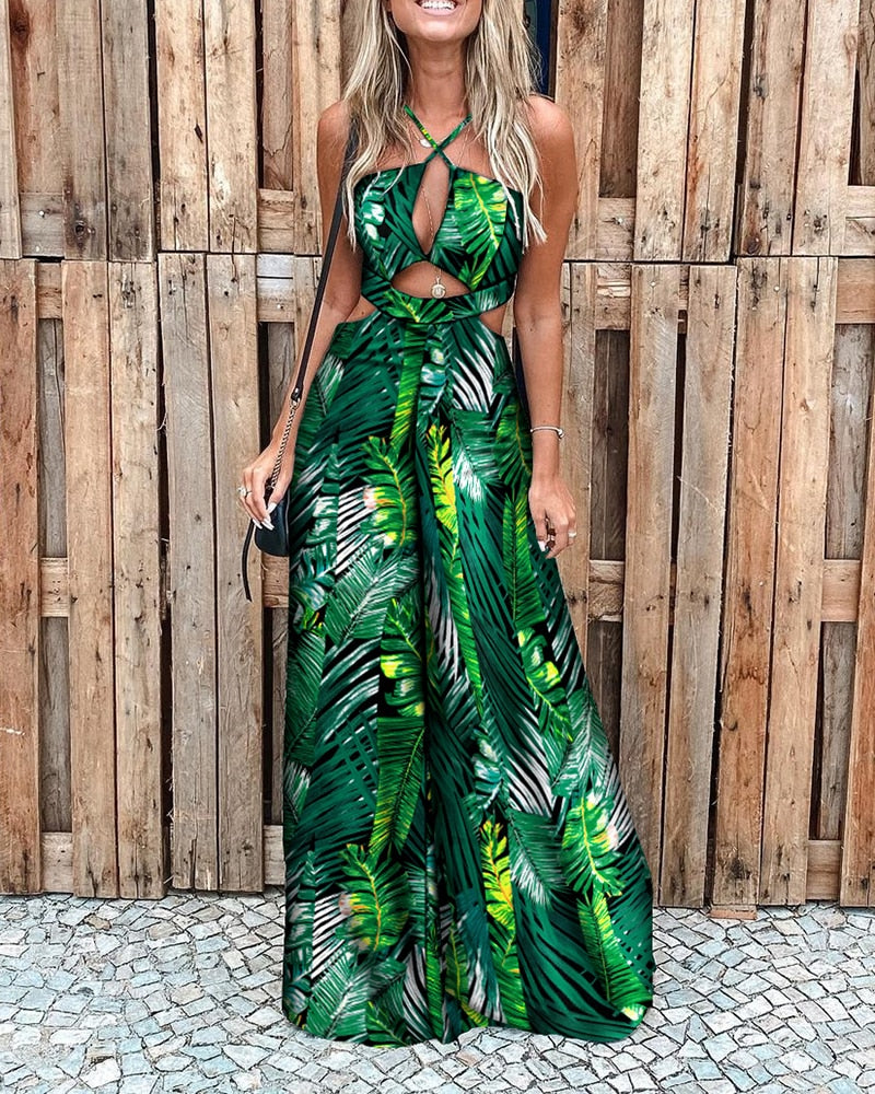 Summer Holiday Wear Clothes Women's Sexy Palm Leaf Print Cutout Wide Leg Jumpsuit Loungewear Halter Neck Sleeveless Outfits