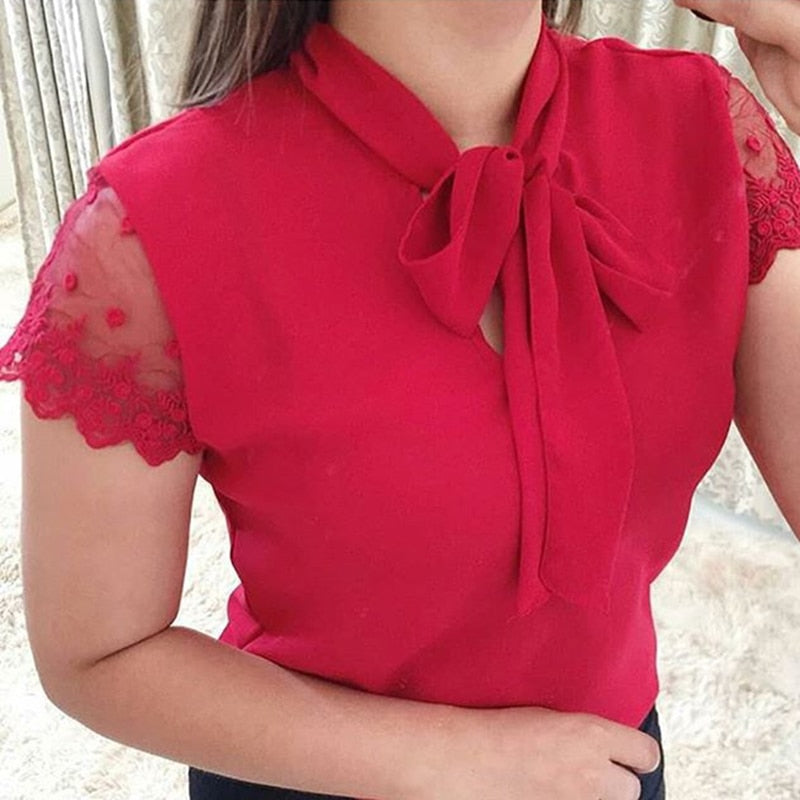S-5XL New 2022 Lace Up Bow Tie Shirt Summer Lace Short Sleeve Solid Chiffon Casual Blouse Elegant Office Lady Blusas Woman Tops