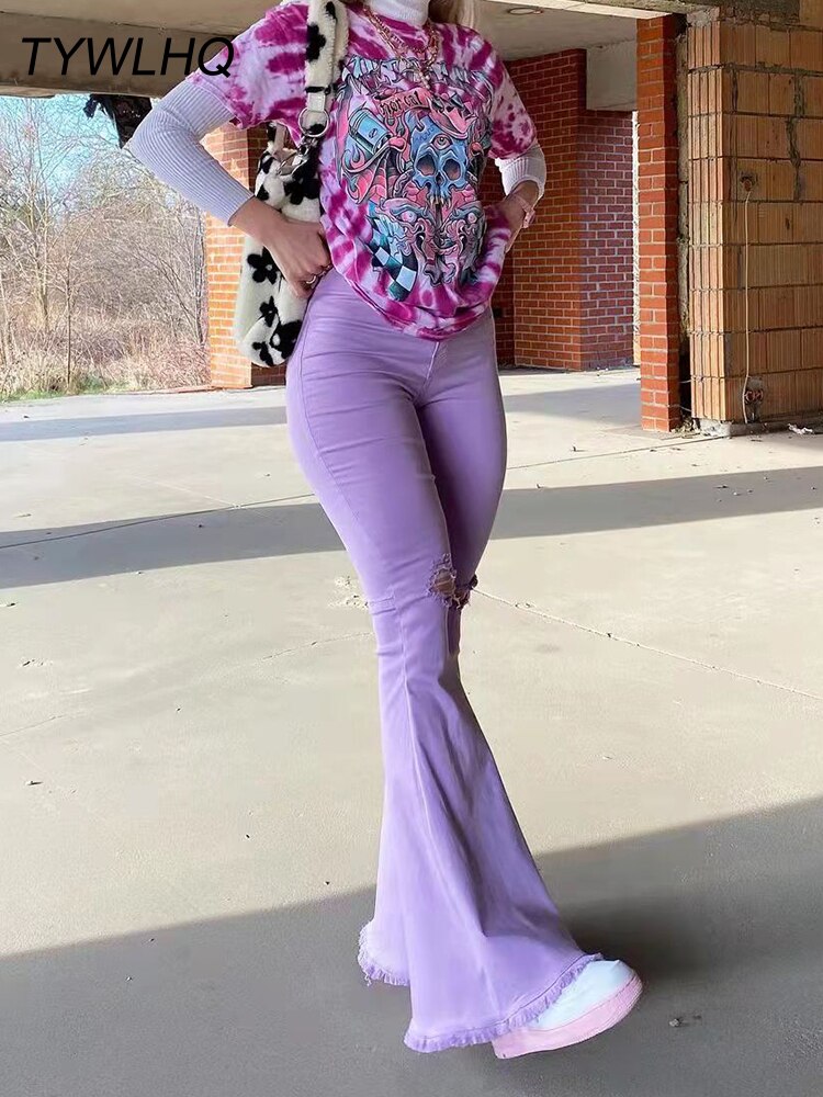 Streetwear Flared Jeans - High Waist Fashion Purple Stretch