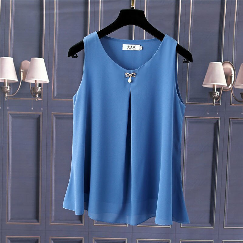 Obesity Women Chiffon Shirt 2022 New Summer Sleeveless O-neck Blouse Casual Solid White/Red Loose Oversized Female Tops