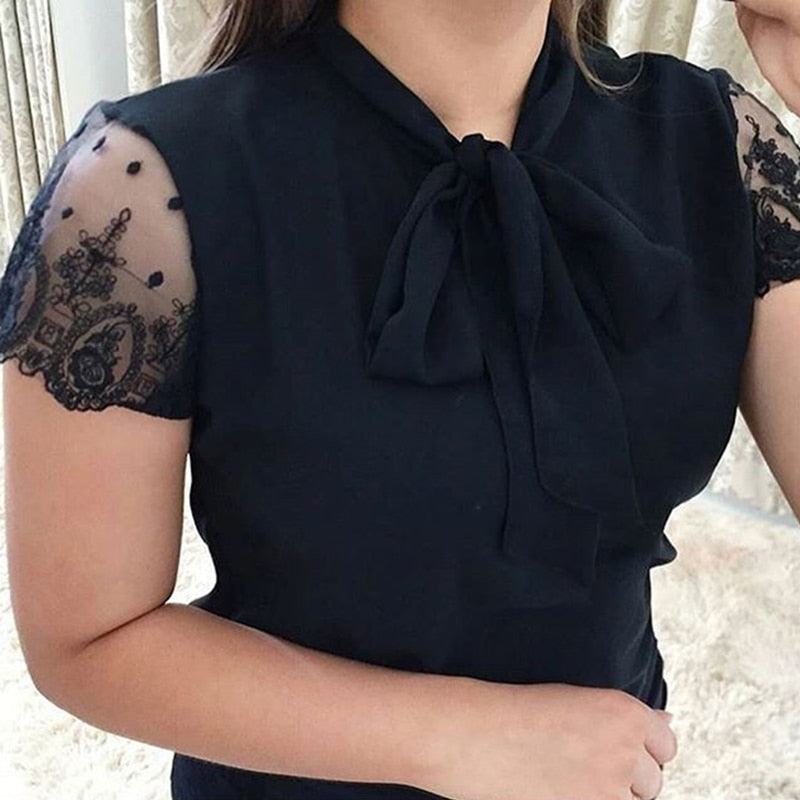 S-5XL New 2022 Lace Up Bow Tie Shirt Summer Lace Short Sleeve Solid Chiffon Casual Blouse Elegant Office Lady Blusas Woman Tops