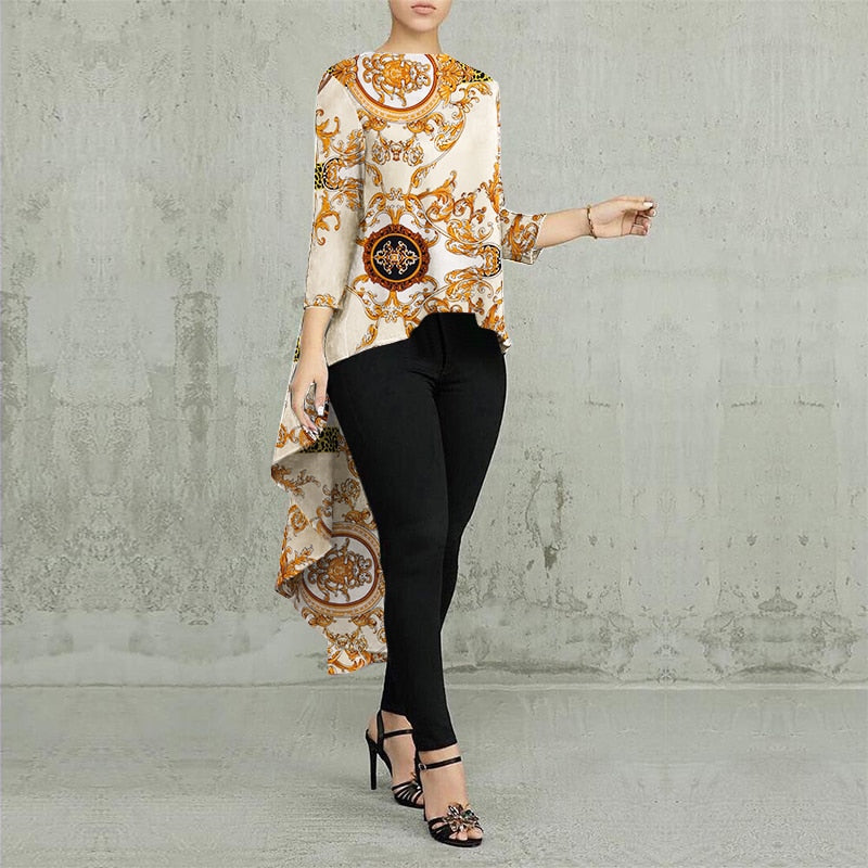 Women Casual Long Sleeve Blusa Irregular Blouse 2022 ZANZEA Elegant Geometric Printed Tops Female O Neck Tunic Chemise
