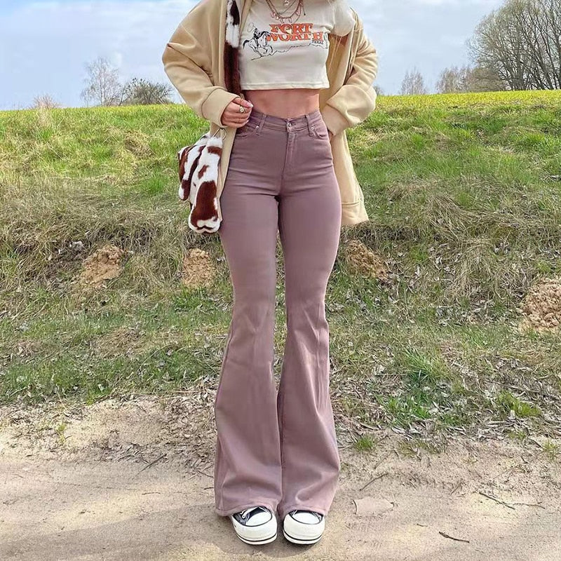 High Waisted stretchy Flared Jeans Women Vintage