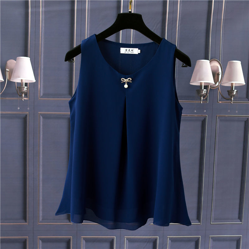 Obesity Women Chiffon Shirt 2022 New Summer Sleeveless O-neck Blouse Casual Solid White/Red Loose Oversized Female Tops