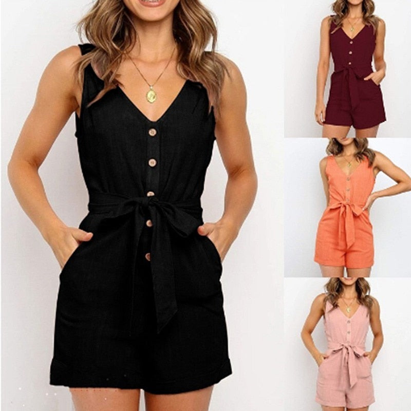 Women's Summer Print Jumpsuit Short Pants Casual Slim Bandage V-Neck Beach Rompers Sleeveless Bodysuit Sexy Playsuit
