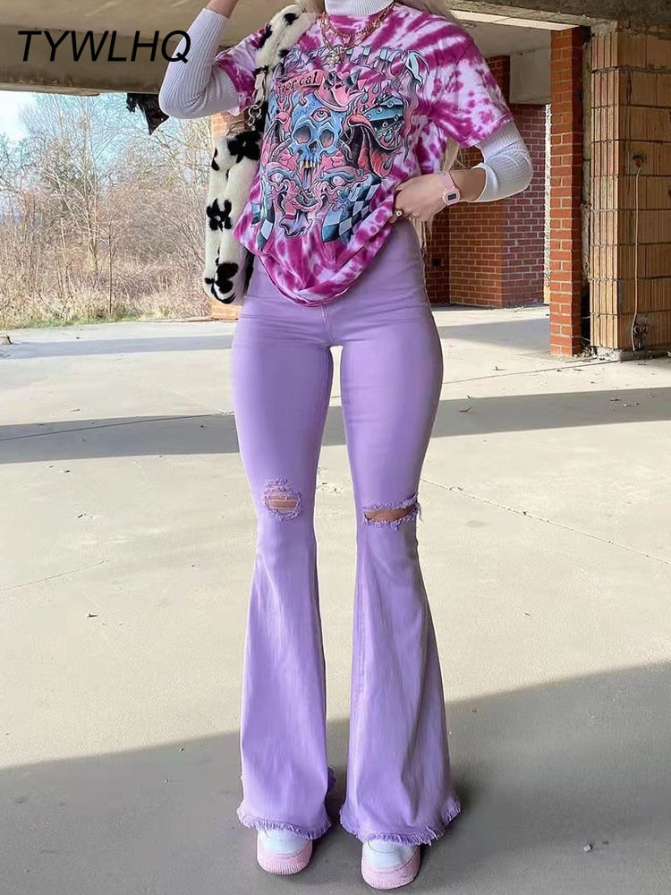 Streetwear Flared Jeans - High Waist Fashion Purple Stretch