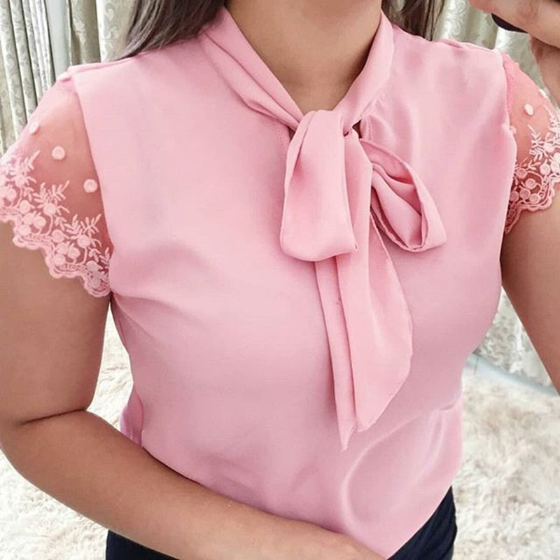S-5XL New 2022 Lace Up Bow Tie Shirt Summer Lace Short Sleeve Solid Chiffon Casual Blouse Elegant Office Lady Blusas Woman Tops