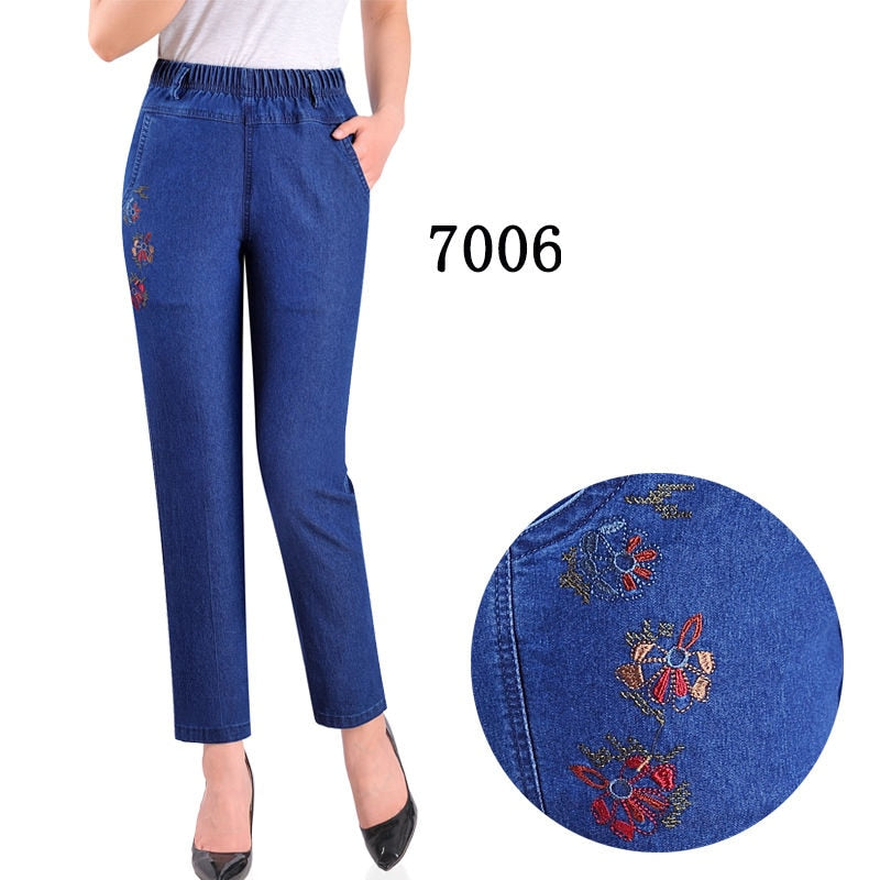 Mom Jeans Denim Trousers Womens Jeans Baggy High Waist Casual Embroidery