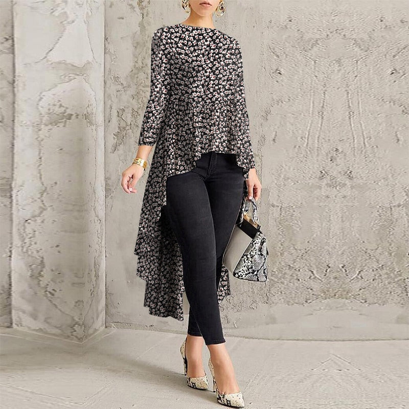 Women Casual Long Sleeve Blusa Irregular Blouse 2022 ZANZEA Elegant Geometric Printed Tops Female O Neck Tunic Chemise