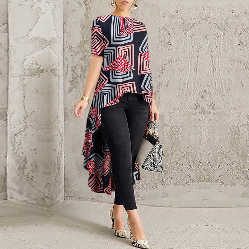 Women Casual Long Sleeve Blusa Irregular Blouse 2022 ZANZEA Elegant Geometric Printed Tops Female O Neck Tunic Chemise