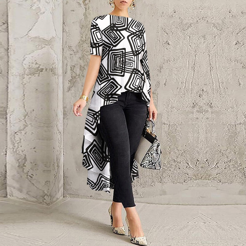 Women Casual Long Sleeve Blusa Irregular Blouse 2022 ZANZEA Elegant Geometric Printed Tops Female O Neck Tunic Chemise