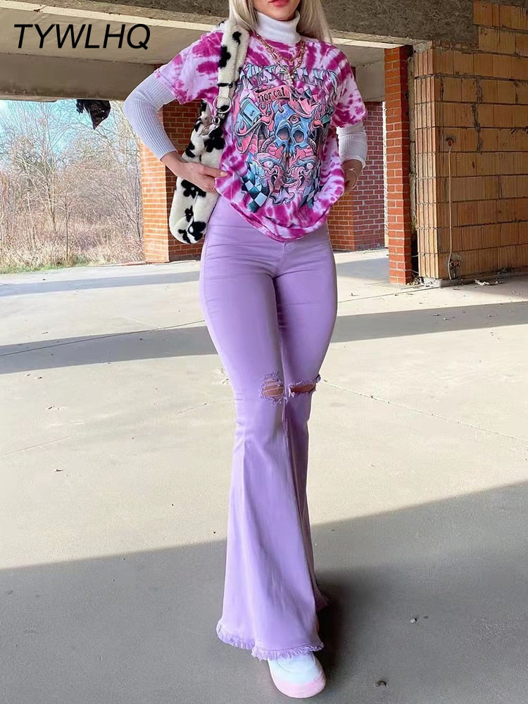 Streetwear Flared Jeans - High Waist Fashion Purple Stretch