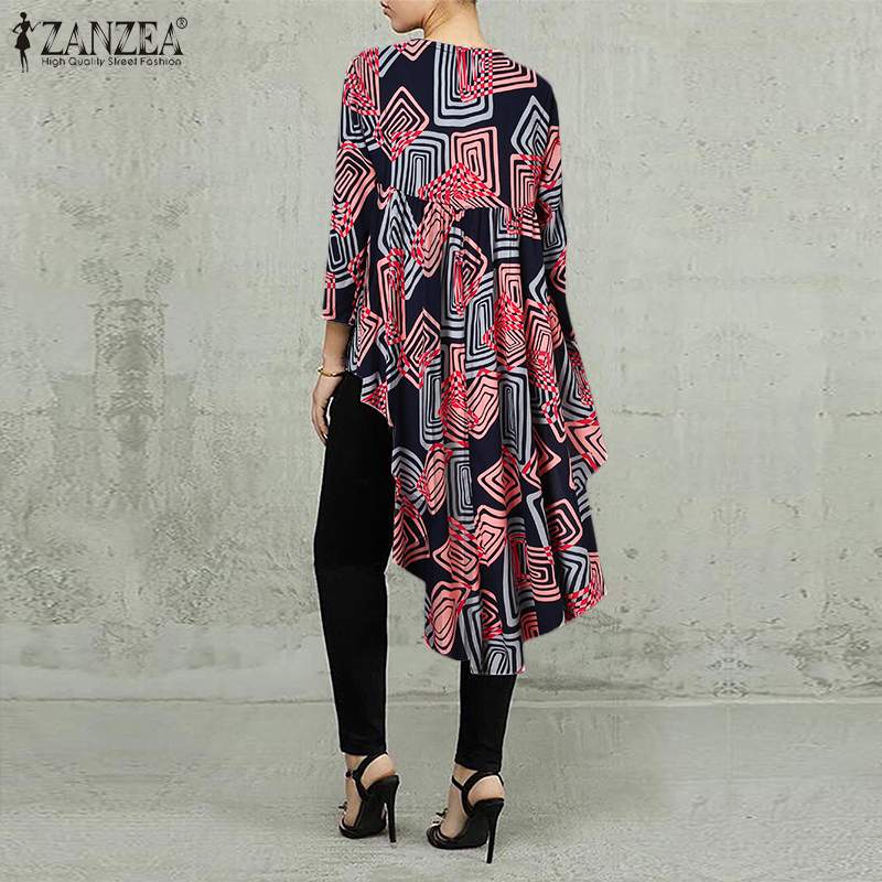 Women Casual Long Sleeve Blusa Irregular Blouse 2022 ZANZEA Elegant Geometric Printed Tops Female O Neck Tunic Chemise