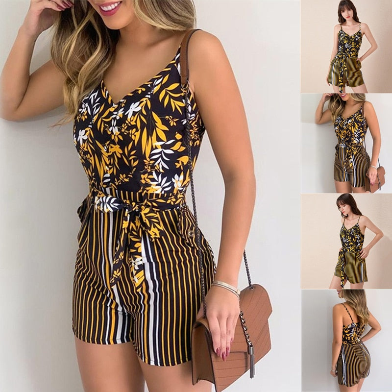 Women's Summer Print Jumpsuit Short Pants Casual Slim Bandage V-Neck Beach Rompers Sleeveless Bodysuit Sexy Playsuit