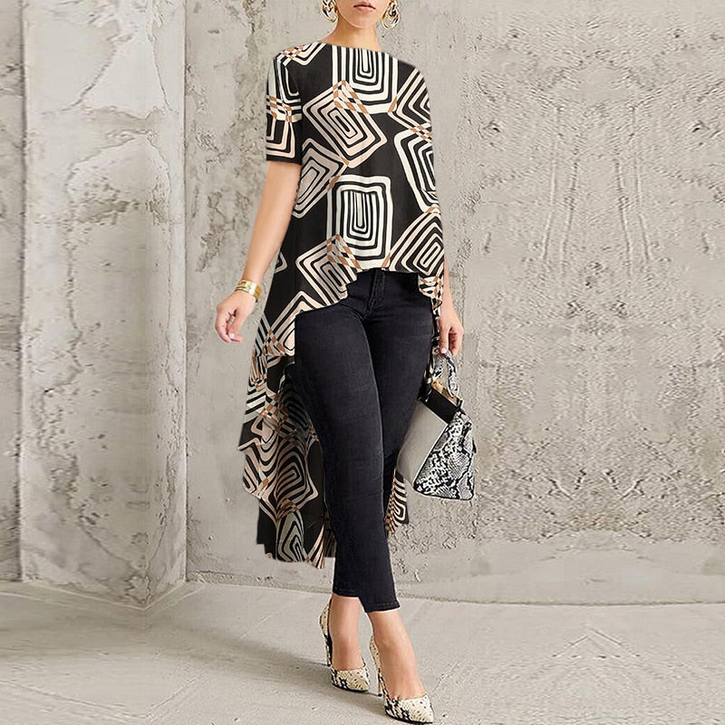 Women Casual Long Sleeve Blusa Irregular Blouse 2022 ZANZEA Elegant Geometric Printed Tops Female O Neck Tunic Chemise